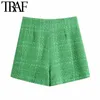 TRAF Dames Chique Mode met voering Tweed Shorts Vintage Hoge Taille Back Rits Vrouwelijke Korte Broek Mujer 210714