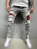 Men's Skinny jeans Casual Slim Painted Jeans Denim Knee Hole Patchwork Ripped Pants Washed High quality 289p