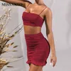 Missakso Summer Sexy Spaghetti Strap Crop Top en Mini Rok Ruches Backless Cami Club Party Ruched Women Solid Two Piece Set 210625