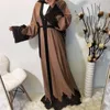 Etniska kläder 2022 Muslimsk kläder Dubai Turkiet Mellanöstern Kvinnor Fashion Lacy Patchwork Ramadan Cardigan Robe Dress Abaya