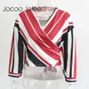 Jocoo Jolee Sexy Deep V-Neck Women Colorful Striped Blouse Lace up Design Nine Quarter Sleeves Summer Wearings 210619