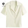 Fansilanen Ofis Bayanlar Fransız Takım Elbise Yaka Kısa Kollu Gömlek Bayan Stil Yaz Beyaz Mavi Şifon 210607