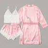 3 PCS Set frauen Mode Pyjamas Set Seide Spitze Dessous Bademäntel Homewear Nachtwäsche Anzug Top + Hose + Robe 2020 neue