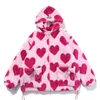 Heart Print Jacket Women for Valentine's Day Winter Zipper Hooded Flannel Parka Harajuku Lambswool Sherpa Streetwear Couple Coat 210722