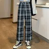 Houzhou Harajuku calças xadrez mulheres cintura cintura estilo coreano tamanho grande calças xmets para fêmea straight casual bando pernas x0629