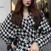 PERHAPS U Vintage England Style Turn Down Collar Laced Houndstooth Woolen Coat C3007 210529