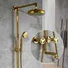 Смесители для душа матовая золотая ванна кран круглая труба одна ручка верхний дождь душ со слайд-баром настенный водяной смеситель