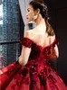Dark Red Off The Shoulder 3D Quinceanera Flower Dresses Glamorous Plus Size Lace Appliqued Beads Evening Party Sweet 16 Prom Dress