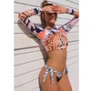 Surfing Swimsuit For Women Bikini Long Sleeve Swimwear Tiger Print Push Up Summer Bath Suit Two Piece Bandeau Biquini 210611