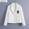 Zevity Women England Style Badge Patch Breasted Woolen Blazer Coat Vintage Långärmade fickor Kvinnliga Ytterkläder Chic Tops CT663 210603