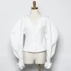 Geting Bluz Gömlek Vintage V Boyun Beyaz Fırfır Fener Gömlek Üst Kadın Kız Bluzlar 210308