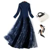 Casual Dresses Plus Size Women Autumn Mesh Tutu Dress Elegant 3/4 And Long Sleeve Patchwork Knitted Sweater 2021 Navy Blue XXL 3XL