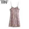 TRAF Femmes Chic Mode Floral Imprimer Mini Robe Plissée Vintage V Cou Dos Nu Bretelles Fines Robes Féminines Robes 210608