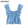 kpytomoa 여자 달콤한 패션 컷 워크 자수 자수 자른 블라우스 빈티지 백 탄성 주름 여자 셔츠 blusas 세련된 탑 210226