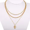 Chains Women Necklace Stack Set Layered Gold Color Stainless Steel Paperclip Wheat Satellite Link Chain 3pcs Tiny Cross Charm LDN253