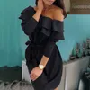 Casual Dresses Winter Dress A-Line Slash Neck Ruffles Over Knee Sexig Fashion Woman Party Night Maxi For Women kl￤der