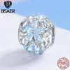 BISAER 925 Sterling Silver Charm Fiore invernale Fiore di ghiaccio Azzurro CZ Perline misura braccialetti Fai da te Argento 925 Creazione di gioielli ECC941 Q0531