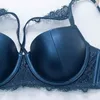 Bra Set Push Up Solid Padded Cup PU Leather Eyelash Lace Decoration Underwired Sexy Lingerie For Women X0526