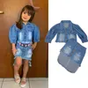 Barn 2pcs outfit kläder set, tjejer blå puffhylsa öppen front denim jacka + oregelbunden hem kjol 1-6 år vår höst c0223