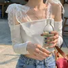WOMENGAGA T Shirt Female White Lace Strapless Short Sexy Girl Navel Long Sleeve Top Summer Tees Korea Elegant B9DJ 210603