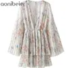 Bloemen print zomer tiered geplooid jurk sexy diepe v-hals hoge taille lange flare mouw vrouwen casual mini vrouw 210604