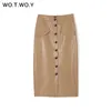 WOTWOY Elengant High Waist Leather Penci Skirt Women Multi Button Wrapped Skirts Mujer Faldas Solid Pockets Femme Jupes 210306