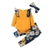 Barnkläder Ställer Tjejer Blommor Outfits Infant Toddler Ruffle Flying Sleeve Toppar + Blommor Leopard Skriv ut Byxor + Headband 3st / Set Fjäder Höst Barnkläder