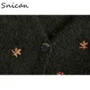 Snican hojas de hongos suéter bordado za mujeres Otoño Invierno manga larga cuello en v cárdigan mujer jersey negro mujer tops 210812