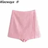 Klacwaya Za Blazer Mujer Moda Pink Plaid Textura Casual Primavera Otoño Oficina Abrigo de doble botonadura 210907