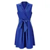 Kobiety Sukienki Bez Rękawów Notched Solid Wojenna Blue Z Bow Sashes Summer A-Line Beach Sukienka Office Plus Size 5xl Party Vestidos 210224