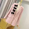 Fashion Designer Blazer Jaqueta Senhoras Prata Buckle Bow Alta Qualidade V-Neck Sexy Rosa Branco 210527