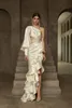 Langarm-Satin-Abendkleider, geteilt, 2021, herzförmiger Perlendetail, bodenlanger Stickerei-Abschlussballkleid-Anzug