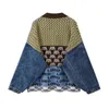 Vintage gebreide vest trui vrouwen patchwork denim jas v-hals lange mouwen knitwear casual losse uitloper vrouwelijke tops 211103