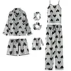 Caiherier Vrouwen Lente Zomer Nightwear Silk Satin Pyjama Set 7 Stks Sexy Streep Nachtkleding Lingerie Vrouwelijke Bloem Robe Loungewear Q0706