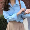 Yitimuceng Button Up Bluse Frauen Übergize Büro Dame Shirts Langarm Unicolor Blau Gelb Sommer Koreanische Mode Tops 210601