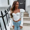 Túnica sexy Corset Crop Top Feminino Camisa Mulheres Blusa Branco Suff manga topo Elegante Ruched Streetwear Pescoço Quadrado Blusas Pretas 210709