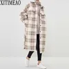 Sonbahar Kış Kontrast Colorplaid Yün Ceket Gevşek Rahat Kalınlaşmış Sıcak Kadınlar Uzun Yün Palto Kemer Ile 210602
