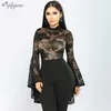 Sexy Black Lace Mesh Bodysuit Long Sleeve Round Neck Perspective Ladies Bandage Jumpsuit Body Fashion 210525