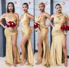 Gold Country Bridesmaid Платья на заказ Сделайте длинную младшую горнику в честь Свадебная вечеринка Гостевое платье Плюс Размер Высокая Сплит Молние