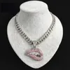 Kolczyki Naszyjnik Hip Hop 1 Zestaw 15mm Heavy Miami ICed Out Beton Crystal Cuban Chain CZ Bling Raper Różowy Drop Lip Wisiorek Bransoletka Biżuteria