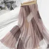 Весенние женщины сладкие сетки юбка с высокой талией девушки из панелей длинные юбки с линией плиссированные фалды для падения 210601