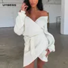 Seksi V Boyun Tunik Kazak Elbise Sonbahar Uzun Kollu Lace Up Wrap Elbiseler Bayanlar Rahat Mini Örme Kış Elbise 210712
