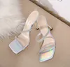 2021european and American Spring and Summer Slippers Rhinestone Square Toe Mid-High Heel Sandals Flip-Flops