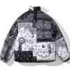 Män Cashew Parka Koreanska Oversize Stitching Black White Puffer Jacket Mode Utskrift Graffiti Coats Hip Hop Loose Streetwear 211214