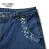 Charmingtrend kvinnors broderade jeans chic mid-waist ficka casual denim byxor rak tjej jeans byxor blå 210302