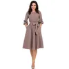 2022 Autumn Vintage Soild Lantern Sleeve A-Line Dress Women Elegant O-Neck Half Sleeve Pocket Sashes Knee-Length Casual Dress