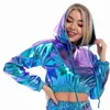 Sexy abgeschnittener holografischer Hoodie, glänzender PU-Metallic-Kapuzenpullover, langärmlig, kurzes Sweatshirt mit Kordelzug, Pullover, Streetwear 210728
