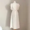 Retro V-neck Slim Waist Women Dress Elegant Puff- Sleeve White Female A-line Dress 2021 Summer Party Vestidos Femme Maxi Dresses Y0726