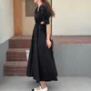 French Vintage Dress Women Casual Puff Sleeve One Piece Dress Korean Gothic Bandage Midi Black Dress Female Evening Party Chic Y0603