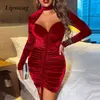 Sexig Hollow Out Velvet Klänning Elegant Kvinnor Lace Mesh Bodycon Party Dress Höst Långärmad Bodycon Slim Sequin Dress Vestidos X0521